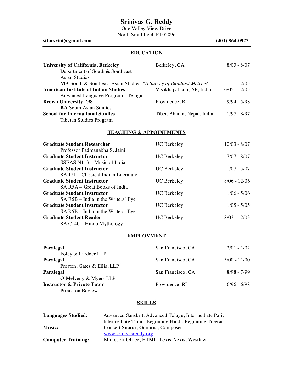 Sample Academic Curriculum Vitae