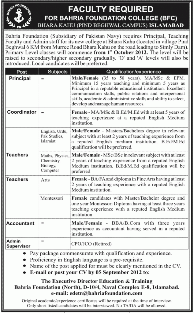 Jobs in Bahria Foundation College Islamabad