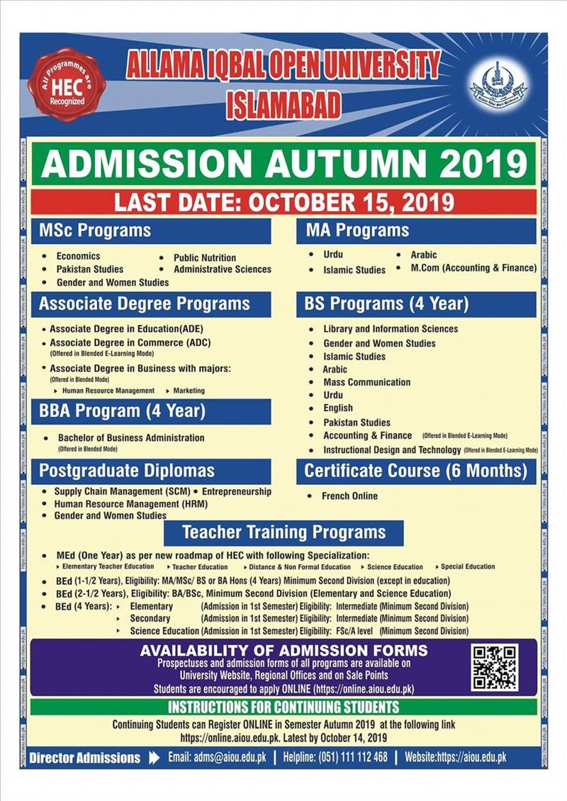 Admission Open AIOU 2019