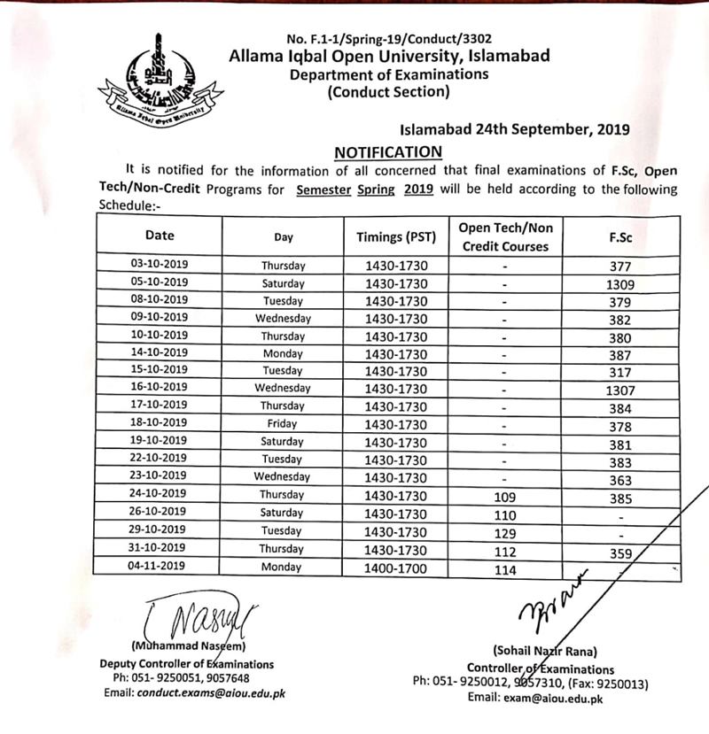 Datesheet F.Sc. Open Tech Non-credit Spring 2019