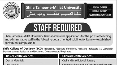 Professor Required at Shifa Tameer e Millat University Islamabad 2019