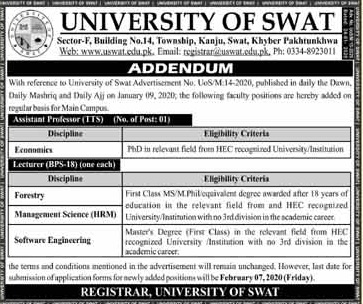University Of Swat Jobs 2020